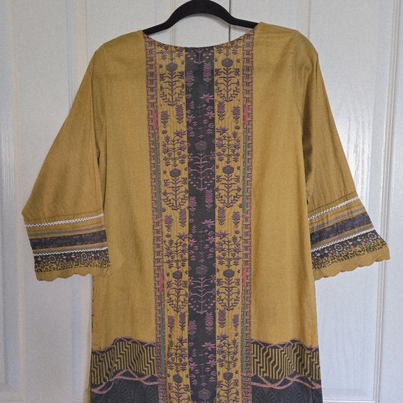 Printed Long Top Yellow Kameez 100% Cotton Causal Wear Dress Size L - Picture 6 of 9